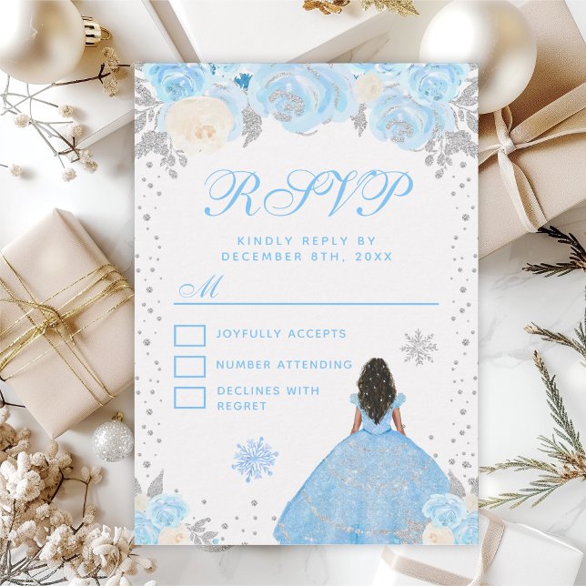 Blue Winter Dark Skin Princess Sweet Sixteen RSVP Card (Creator Uploaded)