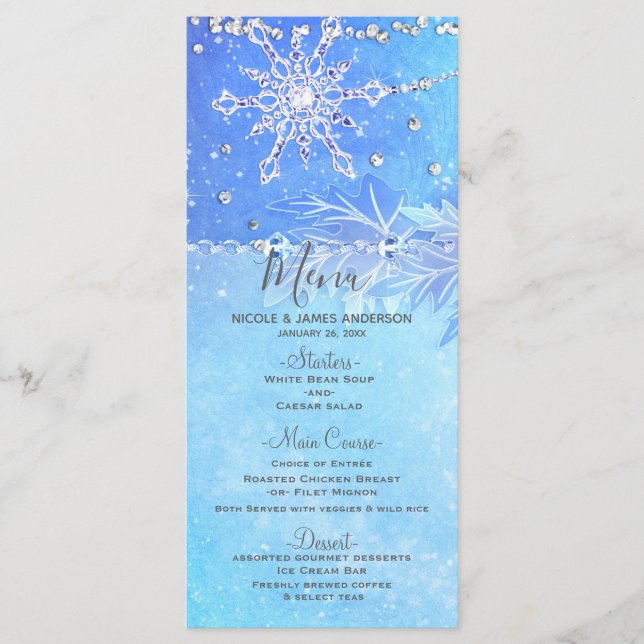 Blue Winter Feuilles & Snowflakes Mariage Menu (Devant)