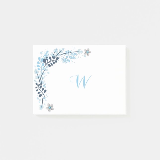 Blue Winter Floral Monogram Post-it Notes (Front)