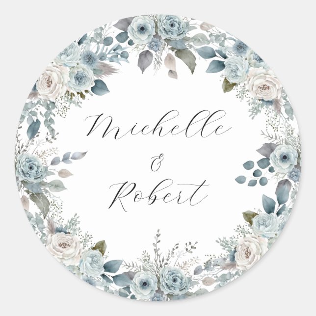 Blue Winter Floral Wedding Classic Round Sticker (Front)