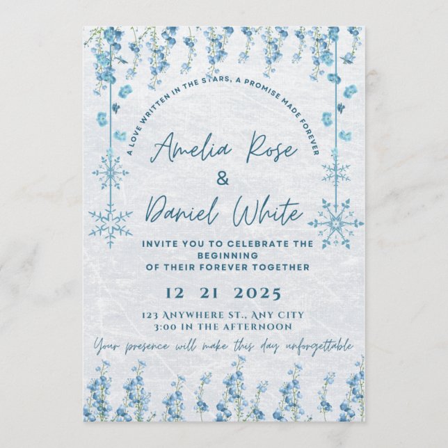 Blue Winter Floral Wedding Invitation  (Devant)