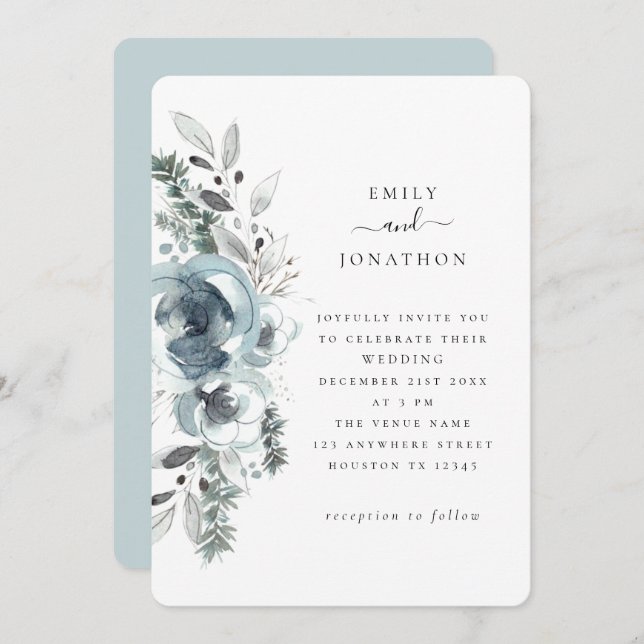 Blue Winter Florals Wedding Invitation (Front/Back)