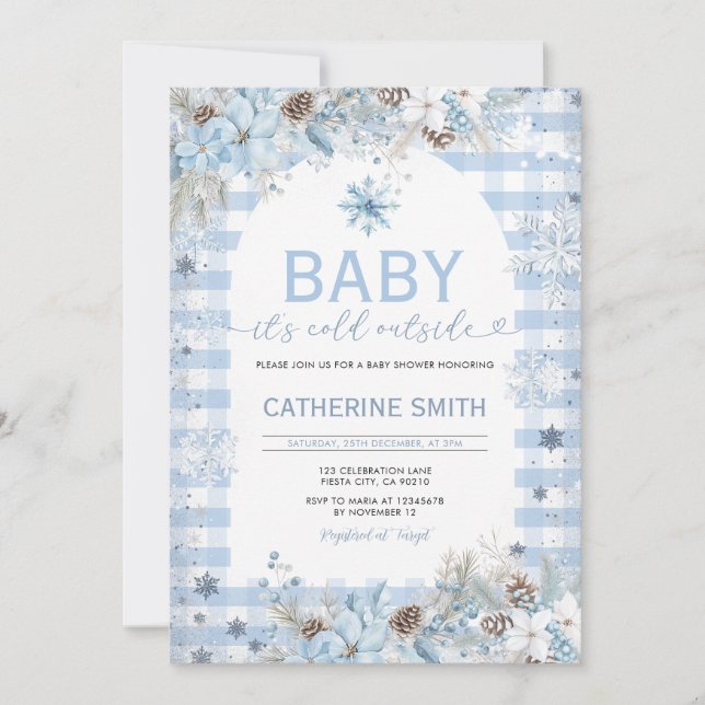 Blue Winter Flowers  Baby Shower Snowflakes Invitation (Front)