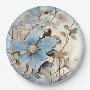 Blue Winter Flowers Paper Plate