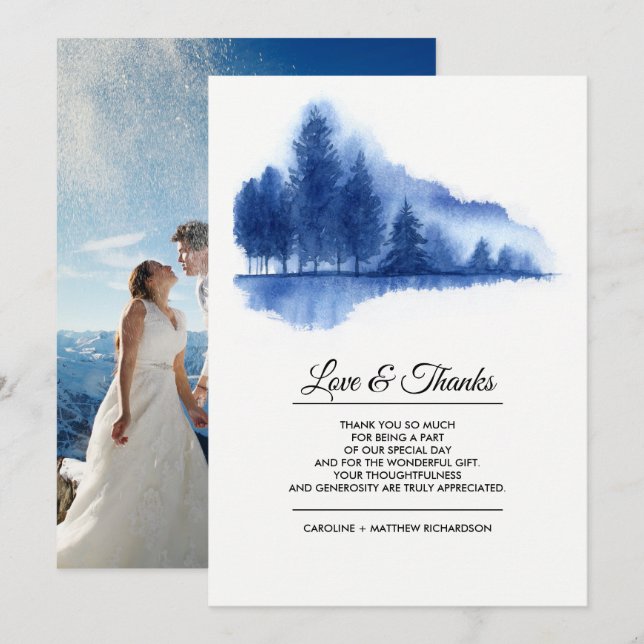 Blue Winter Forest Thank You Wedding Photo Cards (Front/Back)