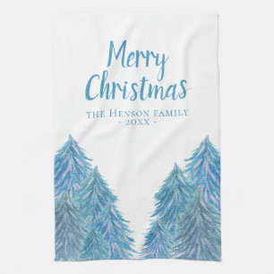 Blue Winter Forest Tree Watercolor Christmas Kitch Kitchen Towel