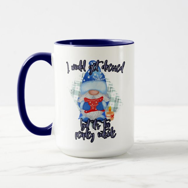 Blue Winter Funny Gnome Too Peopley Outside Mug (Left)