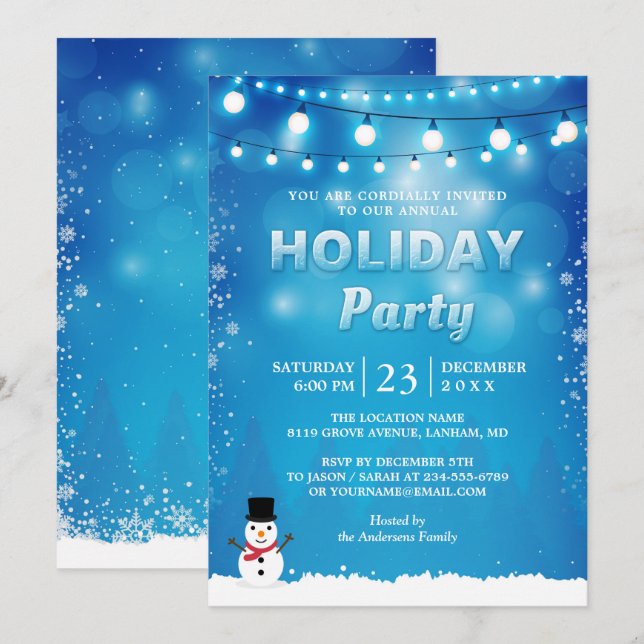 Blue Winter Holiday Party String Lights Snowflakes Invitation (Front/Back)