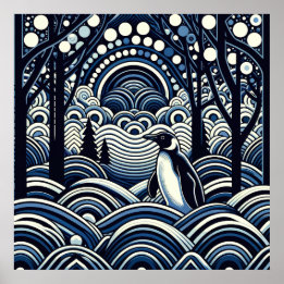Blue Winter Midnight King Penguin Abstract Forest  Poster