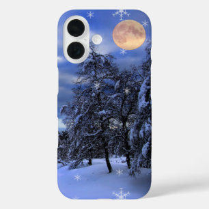Blue winter night moon snowflakes iPhone 16 case
