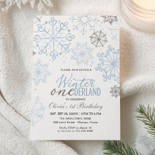 Blue Winter Onederland 1st Birthday Snowflake Invitation