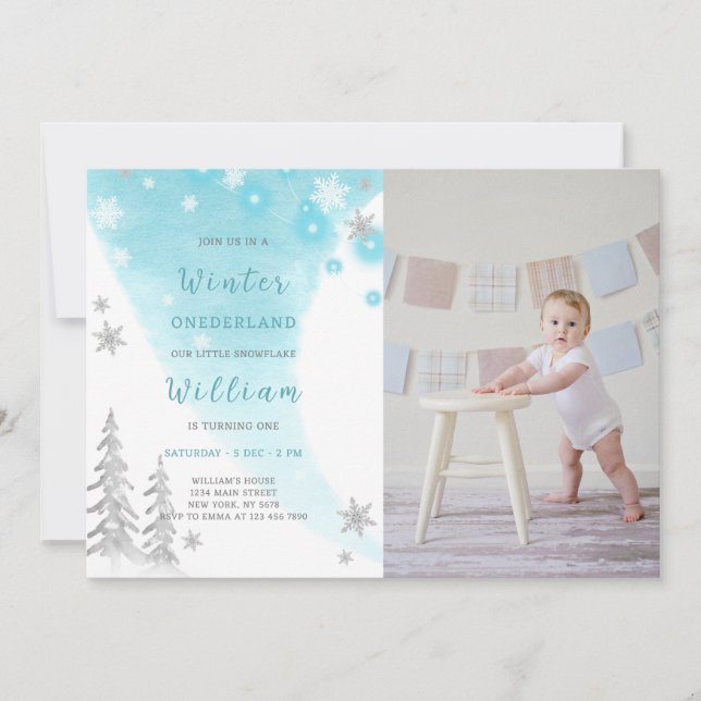 Blue Winter Onederland Birthday Invitation Photo (Front)