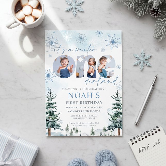 Blue Winter Onederland Boy Bday Photo Invitation (Creator Uploaded)
