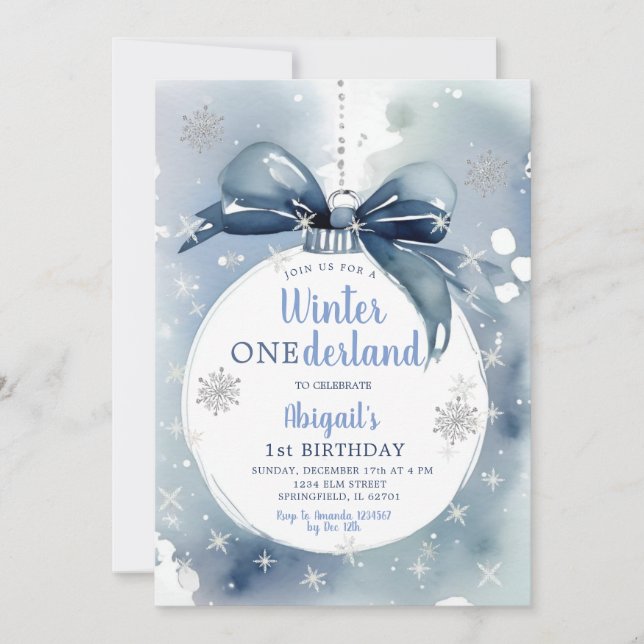 Blue Winter Onederland Christmas Ornament Birthday Invitation (Front)