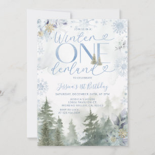 Blue Winter Onederland Forest Snowfall Birthday Invitation