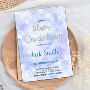 Blue Winter ONEderland Invitations Silver Glitter