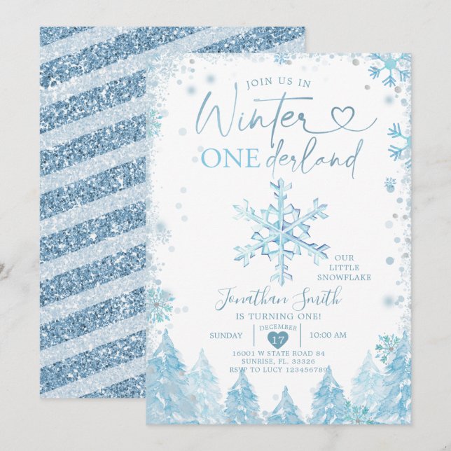 Blue Winter Onederland Snowflake 1st Birthday Invitation (Front/Back)