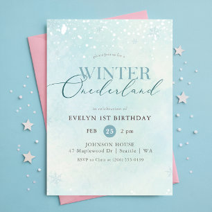 Blue Winter Onederland Snowflake First Birthday Invitation