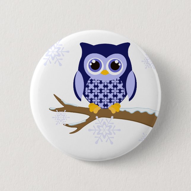 Blue winter owl 2 inch round button (Front)