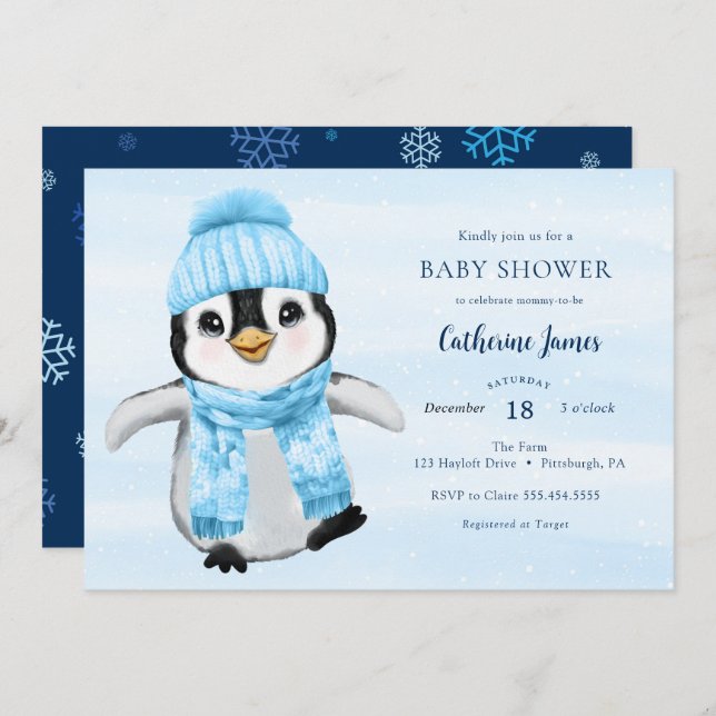 Blue Winter Penguin Baby Shower invitation (Front/Back)