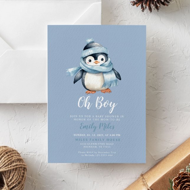 Blue Winter Penguin Baby Shower Invitation (Creator Uploaded)