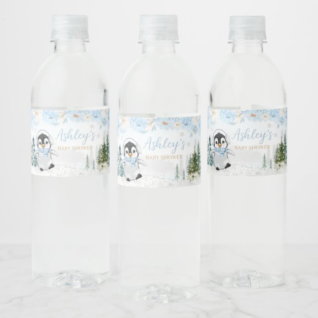 Blue Winter Penguin Baby Shower  Water Bottle Label (Bottles)