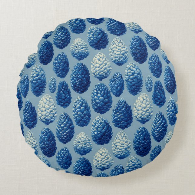 Blue Winter Pine Cone Pattern Round Pillow (Front)