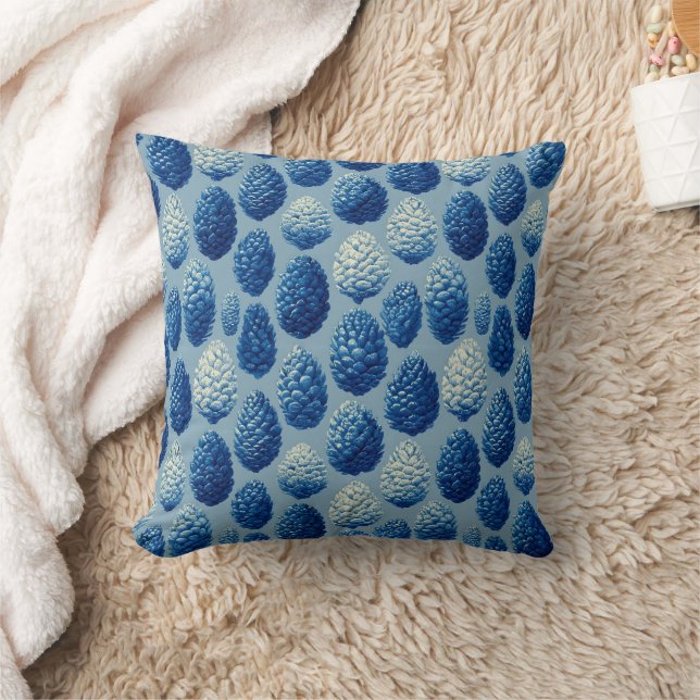 Blue Winter Pine Cone Pattern Throw Pillow (Blanket)