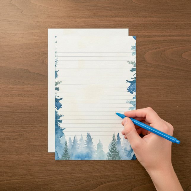 Blue winter pine trees lined stationery (Blue winter pine trees lined stationery.)