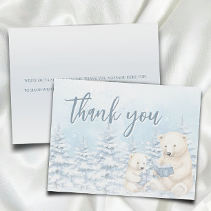Blue Winter Polar Bear Watercolor Baby Shower Flat Thank You Card
