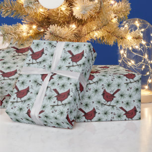 Blue Winter Red Cardinal Pattern Wrapping Paper