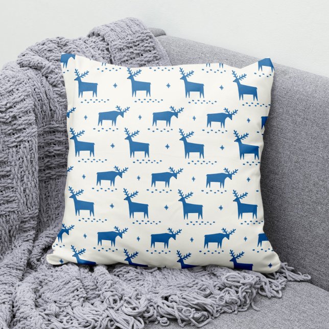 Blue Winter Reindeer | Modern Christmas Pattern Throw Pillow (Creator Uploaded)