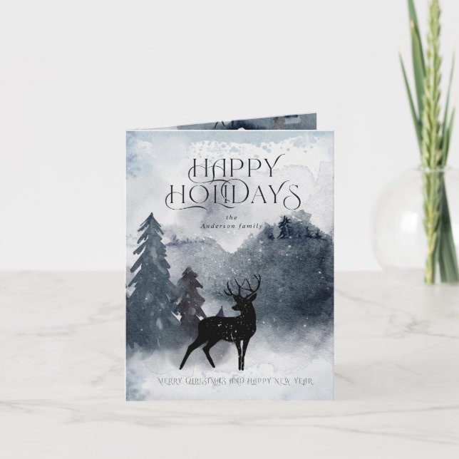 Blue Winter Rustic Folded Holiday Card (Front)