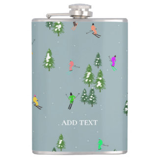 Blue Winter Skiers Skiing pattern  Hip Flask