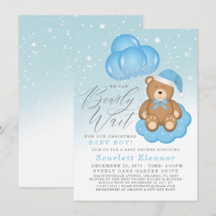 Blue Winter Sleepy Bear Balloons Boy Baby Shower Invitation