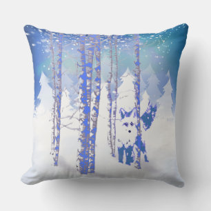 Blue Winter Snow Forest Fox Animal Outdoor Pillow