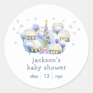 Blue Winter Snow It Take A Village Baby Shower  Classic Round Sticker