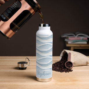 Blue Winter Snowfall Monogram Wave Pattern Water Bottle