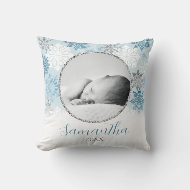 Blue Winter Snowflake Personalized Baby Photo Throw Pillow (Front)