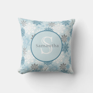 Blue Winter Snowflake Personalized Monogram Throw Pillow