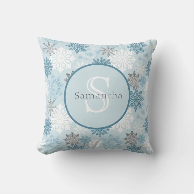 Blue Winter Snowflake Personalized Monogram Throw Pillow (Front)