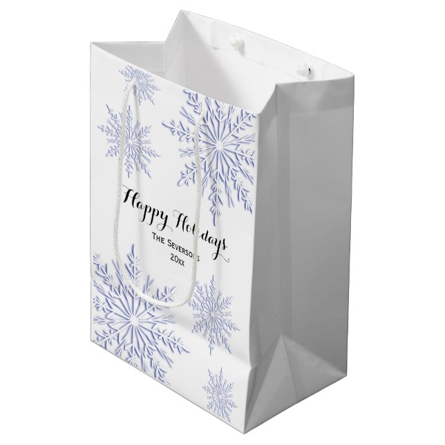 Blue Winter Snowflakes Happy Holidays Medium Gift Bag (Front Angled)