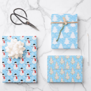 Blue Winter Snowman and Christmas Tree Wrapping Paper Sheet