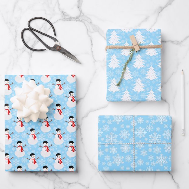 Blue Winter Snowman Trees and Snowflakes Wrapping Paper Sheet (Front)