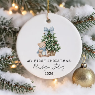 Blue Winter Teddy Bear Baby's First Christmas Ceramic Ornament