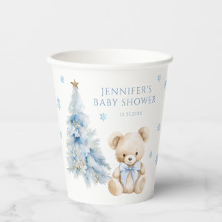 Blue Winter Teddy Bear Pine Tree Baby Girl Shower Paper Cups