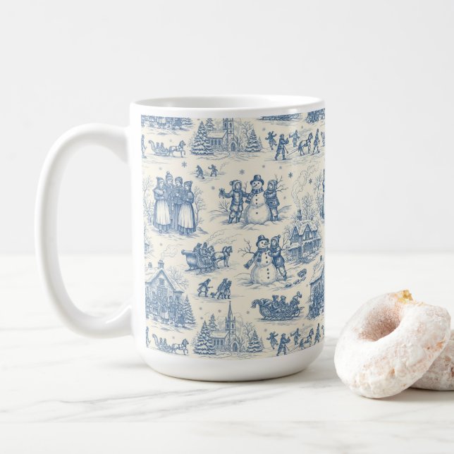 Blue Winter Toile Chinoiserie Coffee Mug (With Donut)