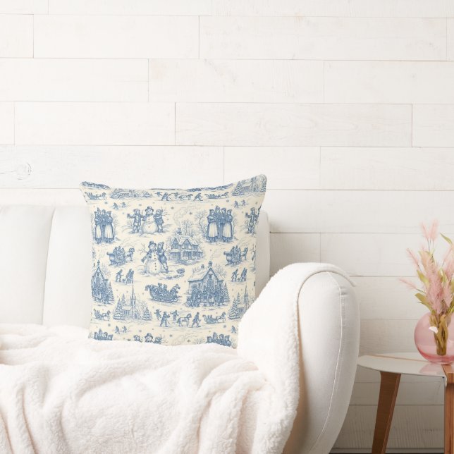 Blue Winter Toile Chinoiserie Throw Pillow (Couch)