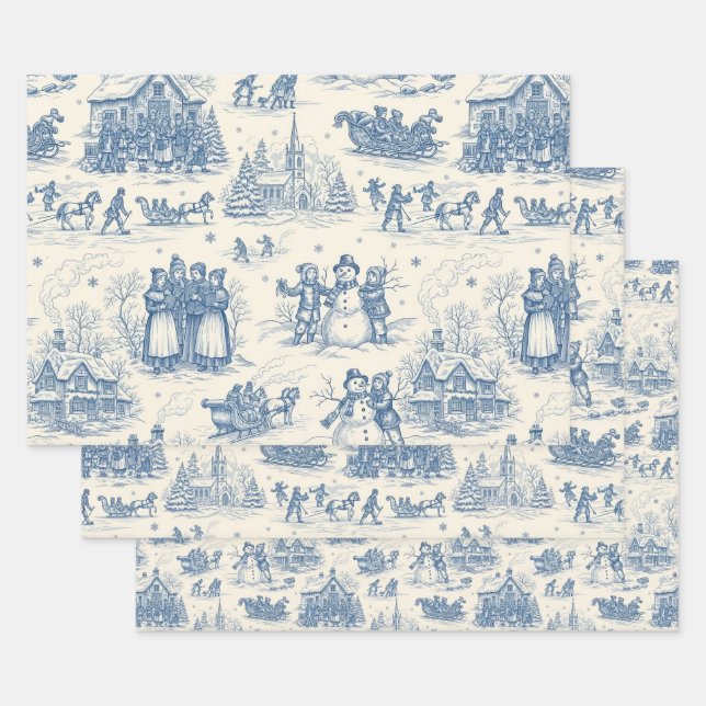 Blue Winter Toile Chinoiserie Wrapping Paper Sheet (Set)