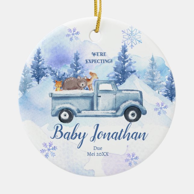 Blue Winter Truck Animal We're Expecting Parents Ceramic Ornament (Front)